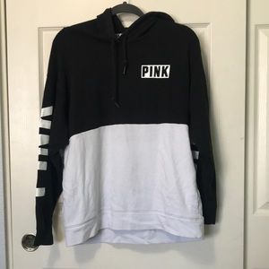 PINK hoodie. Black and white color block.